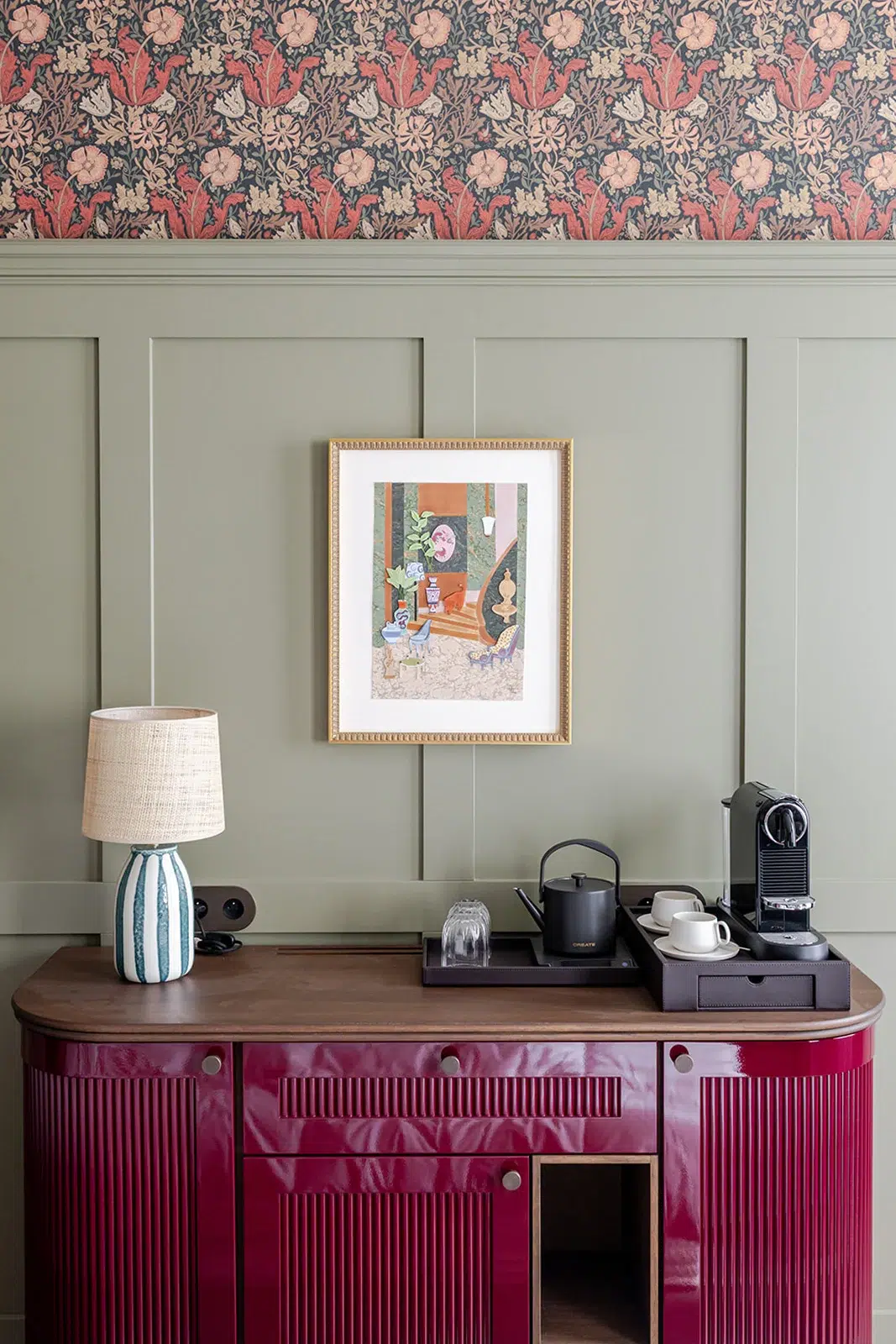 Bespoke artisanal sideboard by Maison Sarah Lavoine and antique tapestry in a room at Faubourg 21 in Brussels.