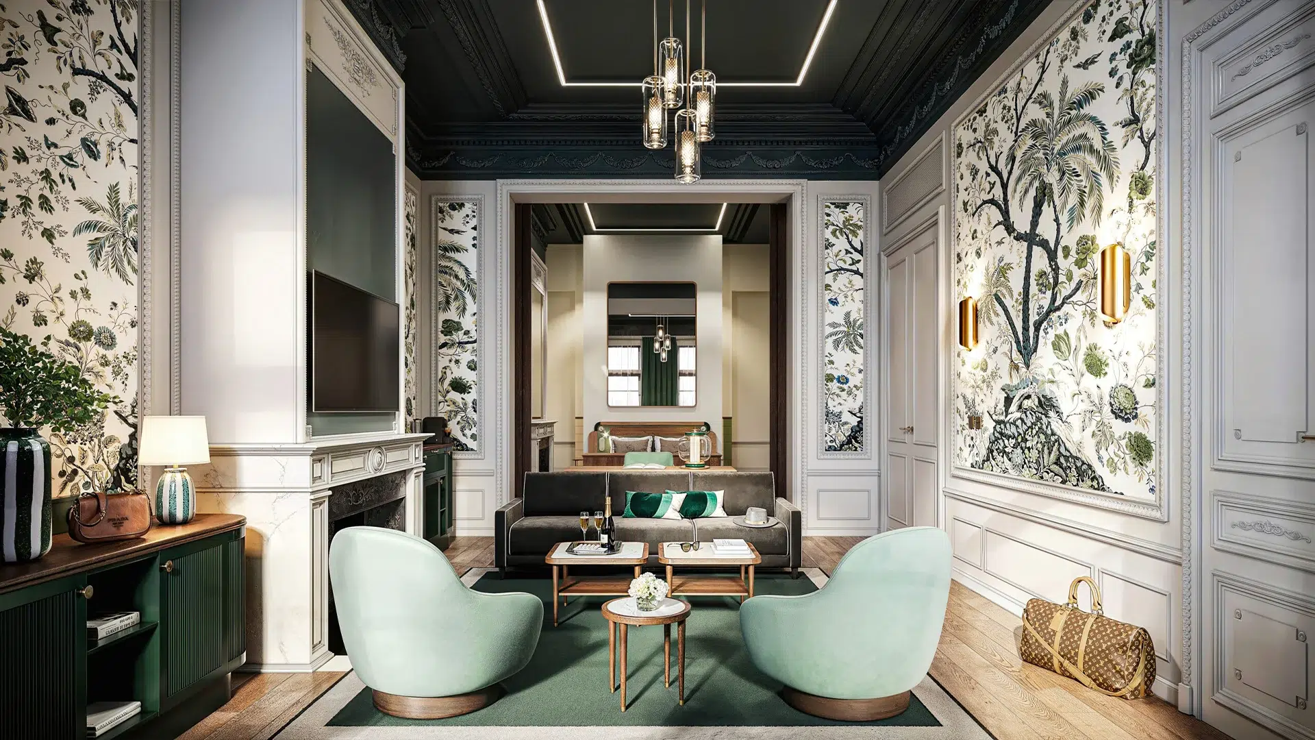 Faubourg 21 Suite in Brussels, luxury space with living room, bedroom and botanical wallpaper.